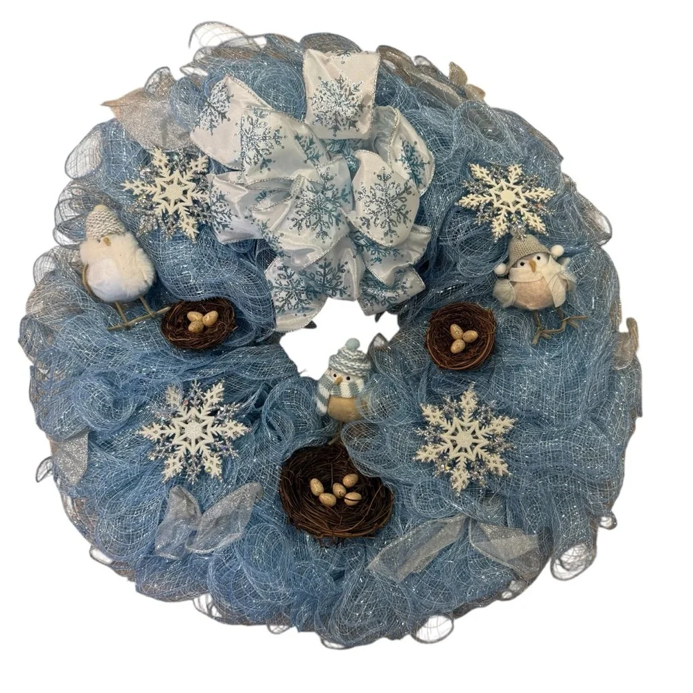 Handmade Winter Bird Deco Mesh Wreath Blue, White & Snowflake Decor 21